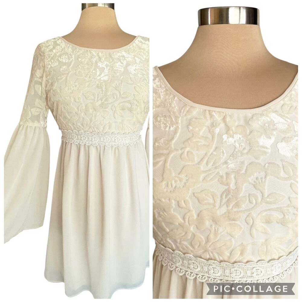 Flying Tomato Babydoll Dress Velvet Embossed Flare Sleeves SMALL Angel Fairy